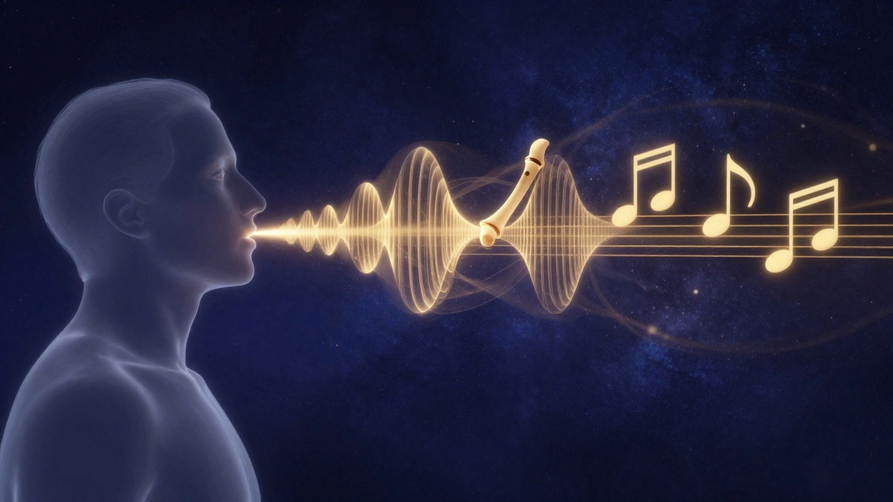 Conceptual art of a golden sound wave evolving from primal emotion to musical notes