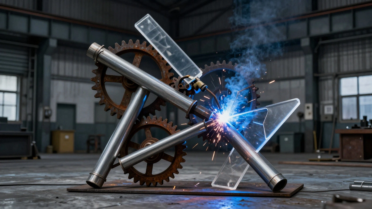 Industrial abstract sculpture being assembled with a welding torch and metal parts