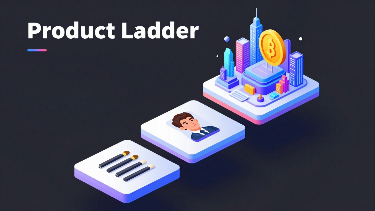 Isometric 3D chart showing a tiered product ladder from brushes to commercial art