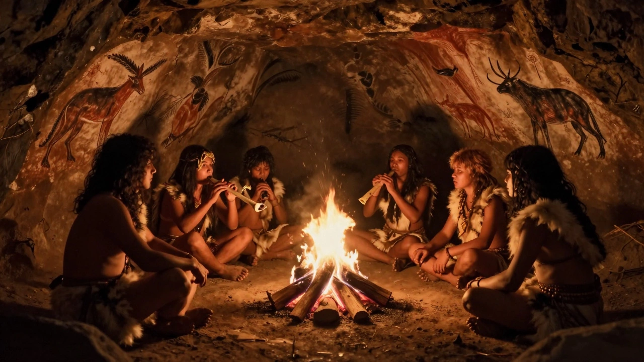 Prehistoric humans playing a bone flute by a campfire inside a cave with wall paintings