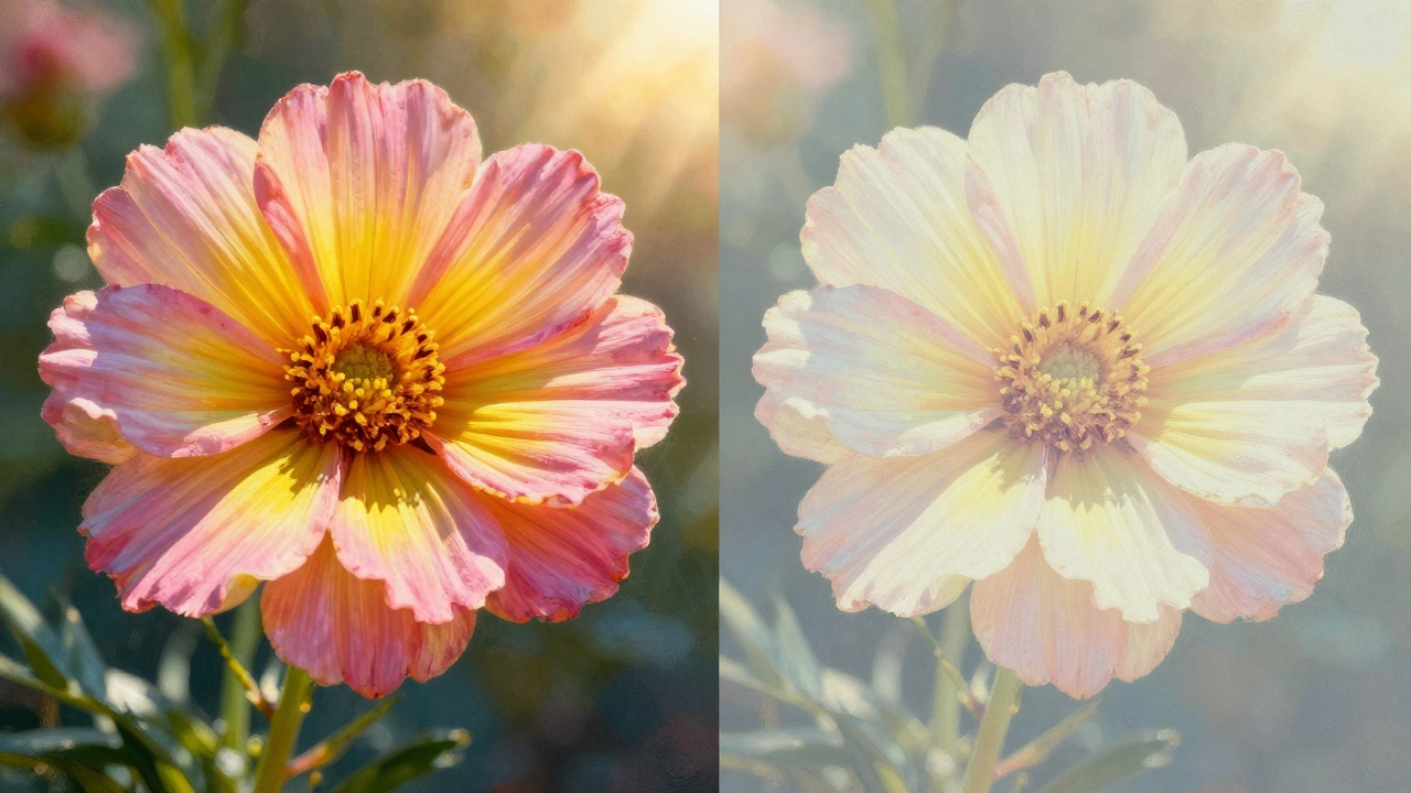 Split view of a vibrant painting versus a faded version due to poor lightfastness