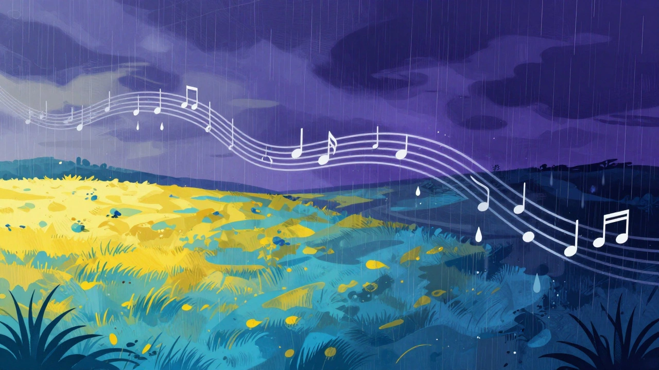 Surreal illustration of a musical staff transitioning from a sunny scene to a rainy, sad landscape
