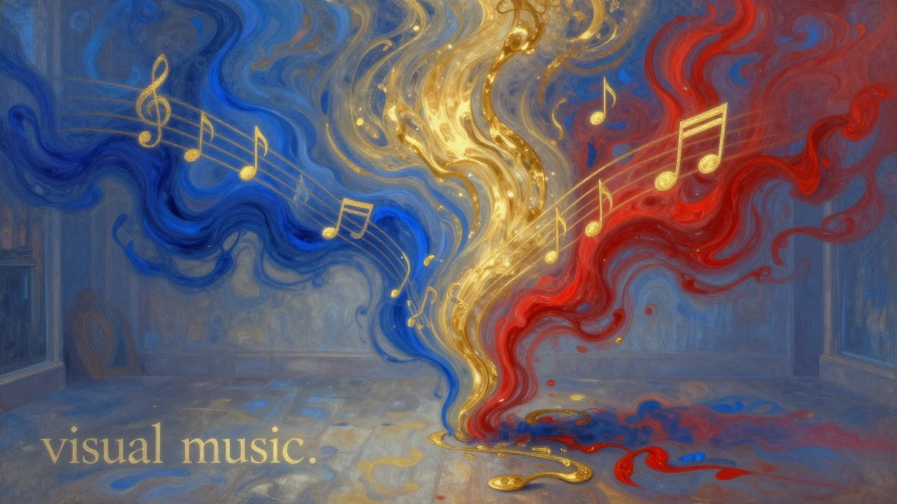 Surreal illustration of colors flowing from a canvas like musical notes.