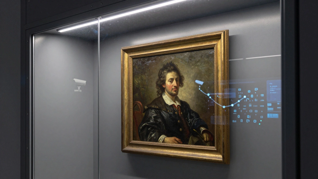A classic painting displayed behind glass in a high-tech, secure climate-controlled vault.