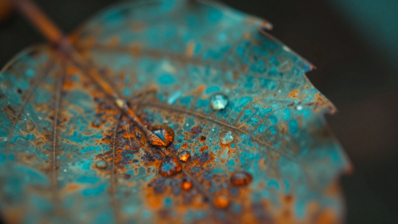 Abstract macro shot of rust and water droplets with blurred teal and orange hues