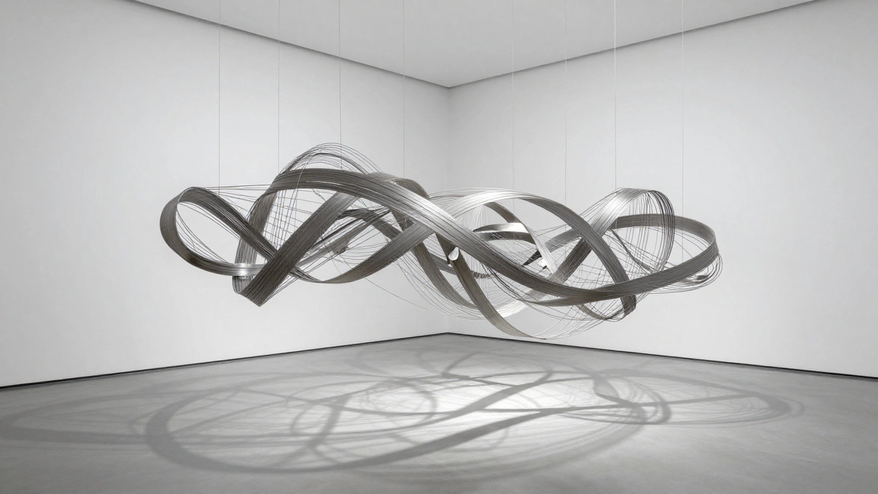 Abstract open form steel sculpture allowing light to pass through