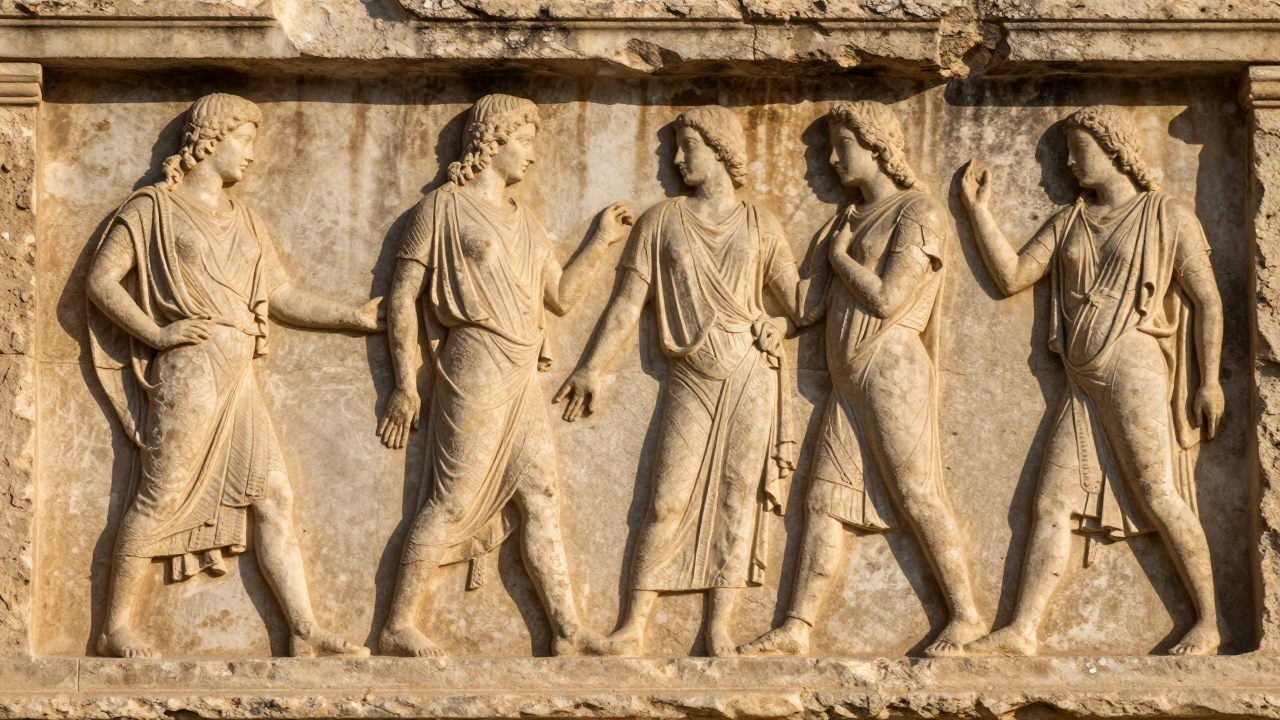 Ancient stone relief sculpture on a temple wall with dramatic shadowing