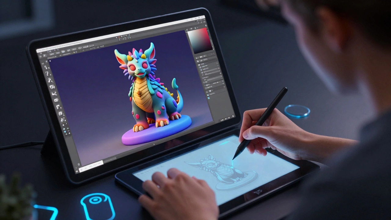 Artist creating a 3D digital sculpture on a computer screen