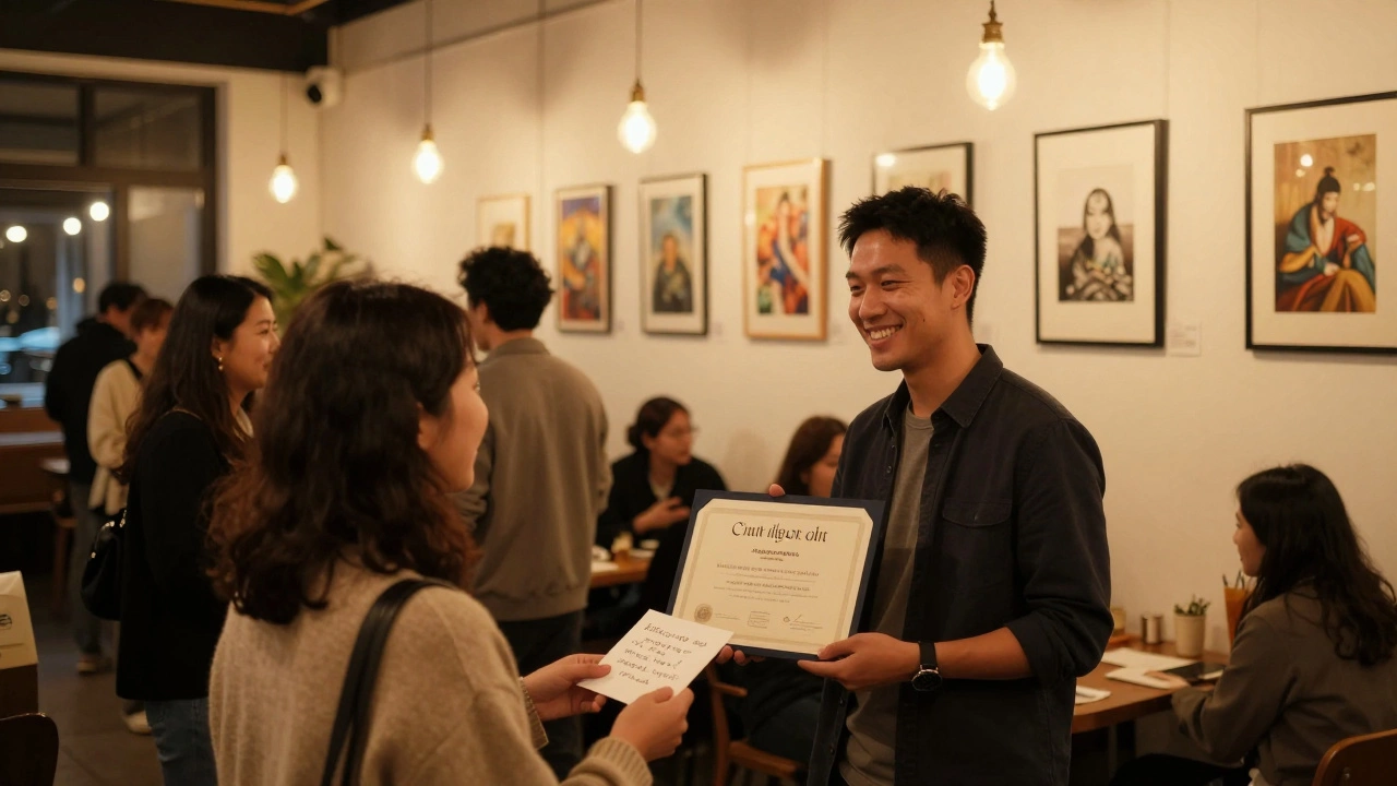 Artist handing certificate to collector at local exhibition