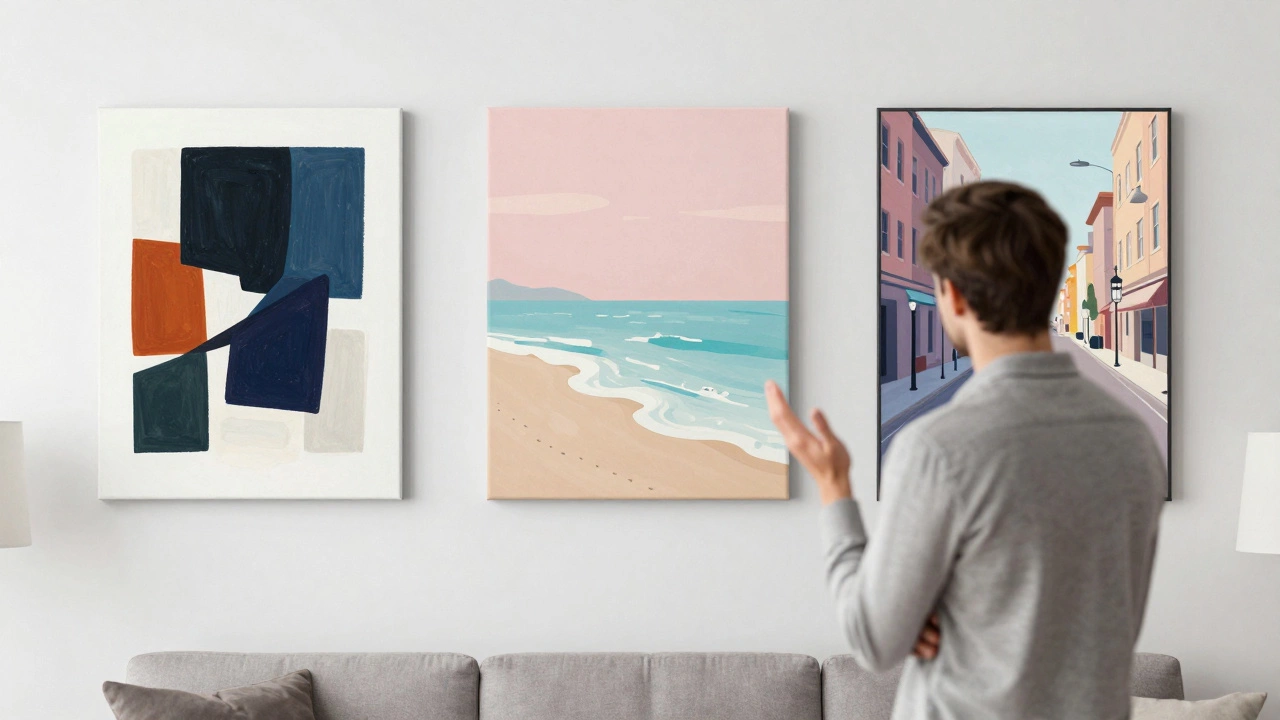 Buyer hesitating before a mixed-style art gallery wall