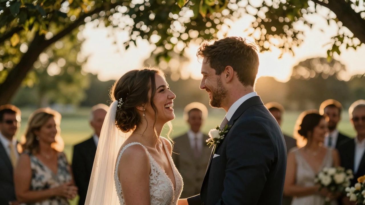 Candid wedding couple laughing outdoors in warm golden hour sunlight