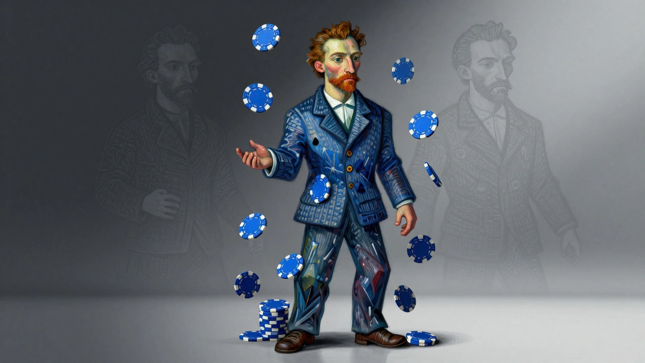 Cubist-style portrait of an artist formed by floating blue poker chips against a dark background.