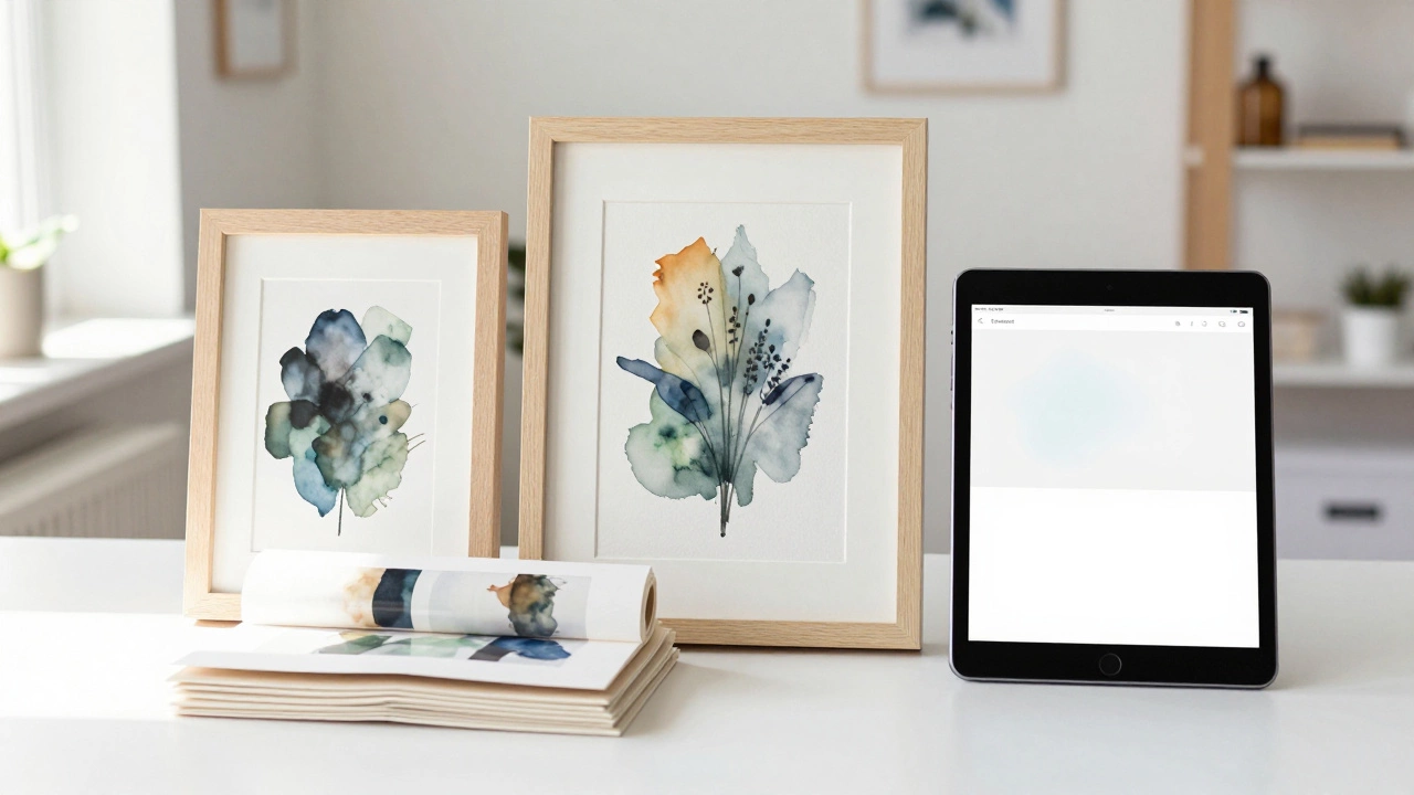 Display of original art, prints, and digital downloads on white table