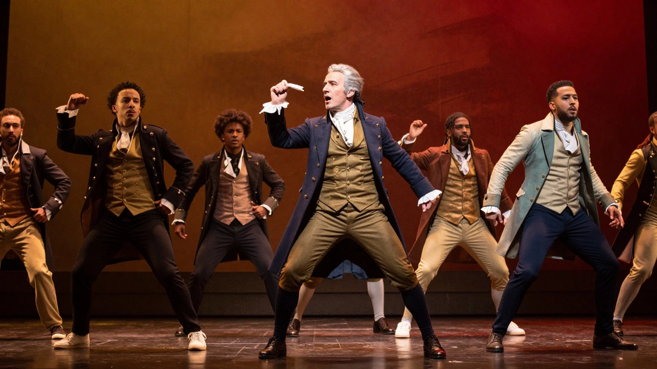 Dynamic stage performance of Hamilton with diverse cast in period costumes