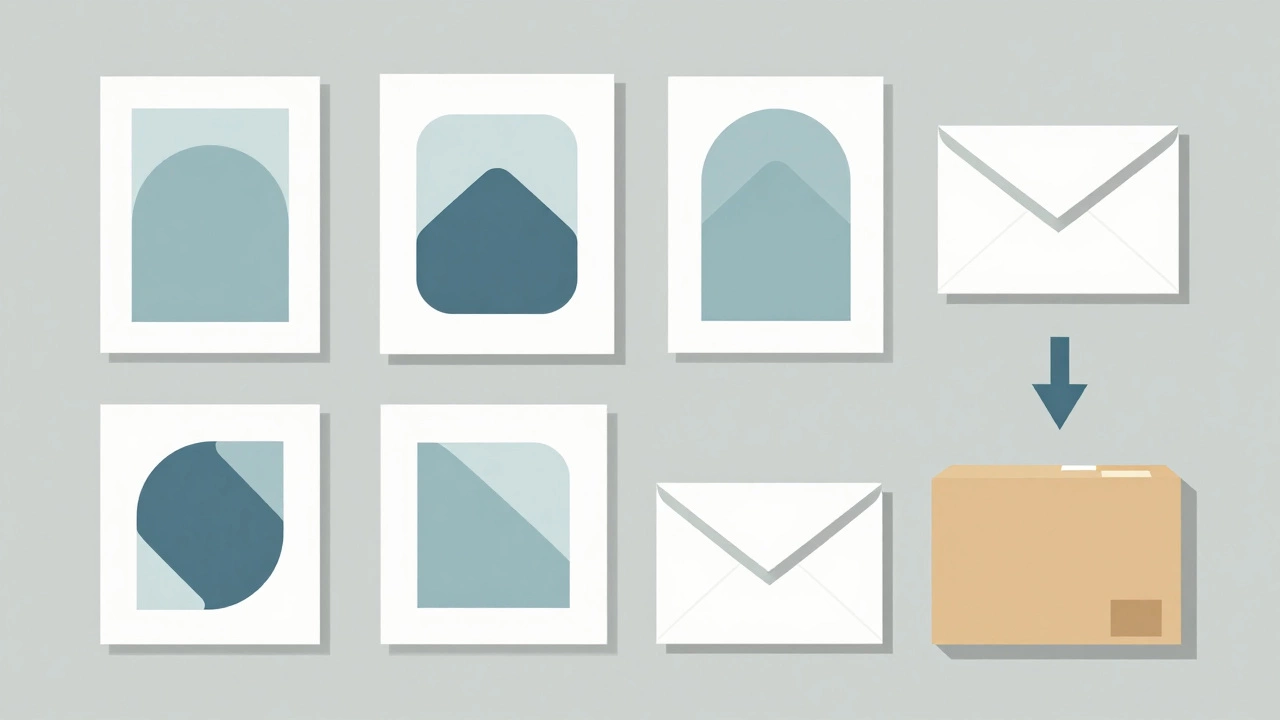 Minimalist graphic showing print sizes and shipping packaging options