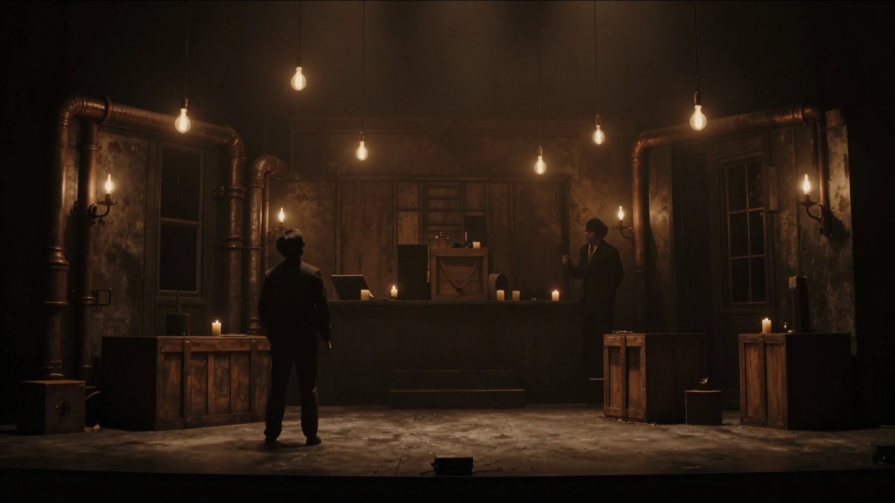 Moody, dimly lit stage set resembling a gritty jazz club for Hadestown