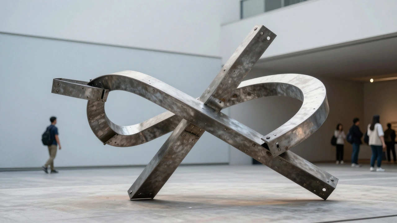Moving kinetic steel sculpture displayed in an outdoor gallery