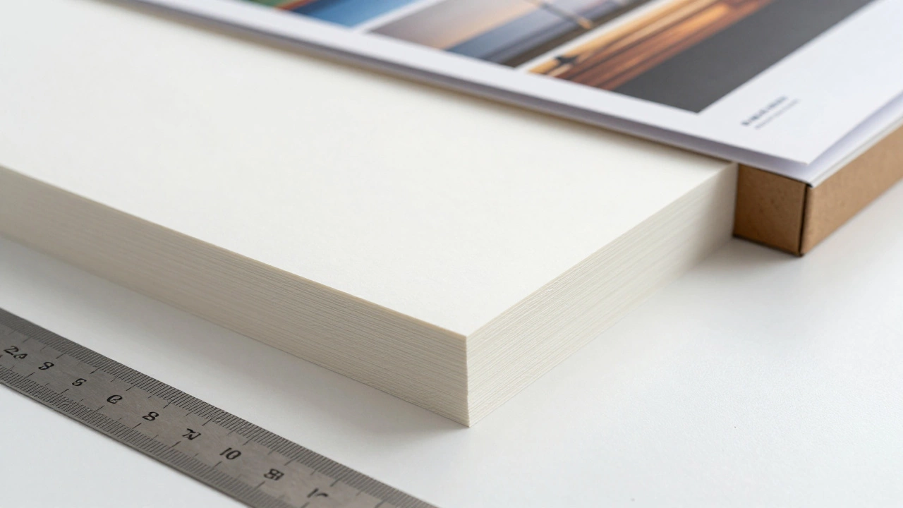 Premium matte paper stacks and ruler on a desk for art print prep
