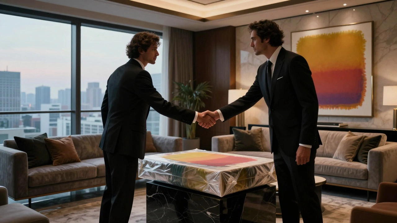 Private art sale handshake in a luxury penthouse with wrapped canvas