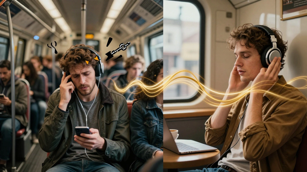 Split image showing frustrating free streaming vs relaxing premium music experience