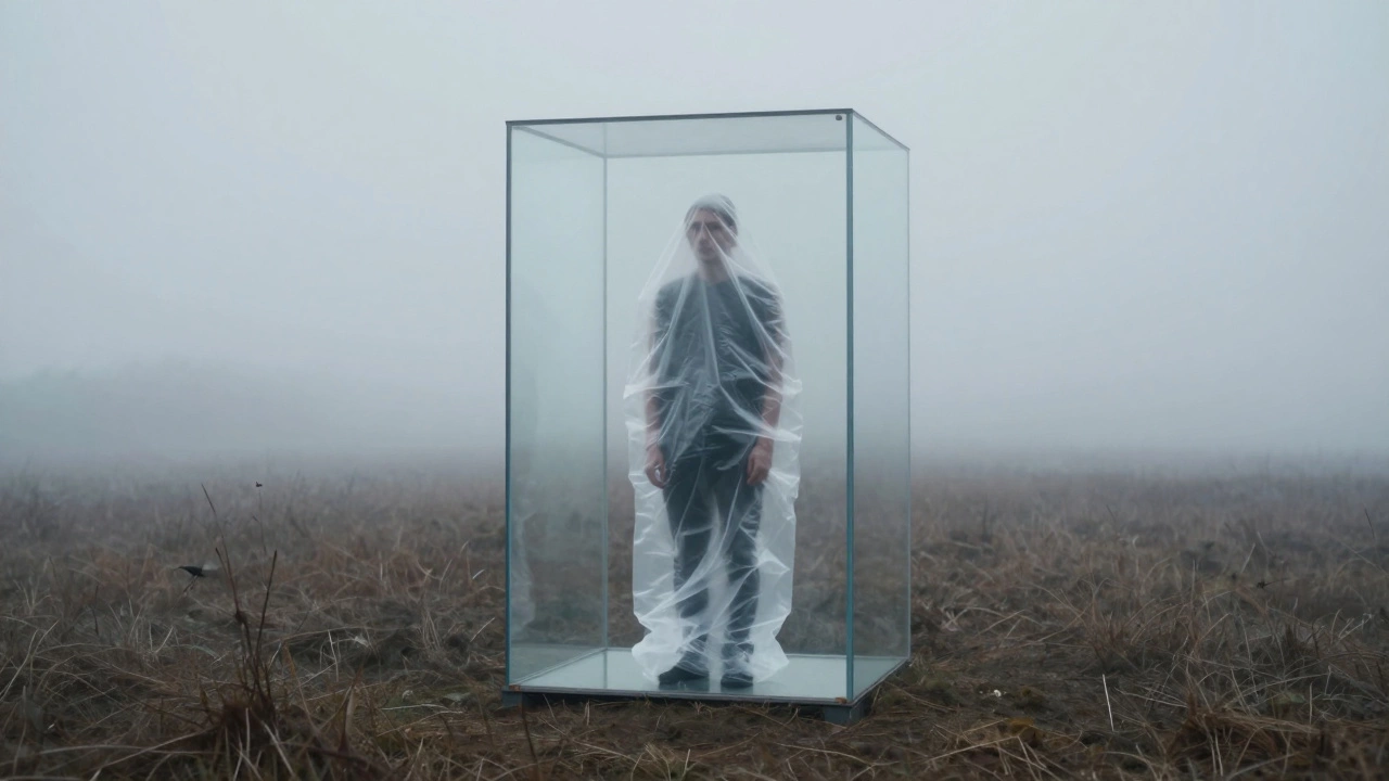 Surreal photo of a figure in a glass box wrapped in plastic in a foggy field