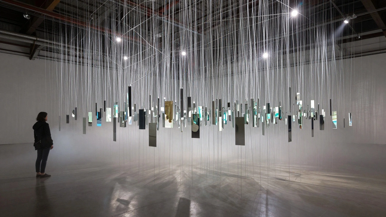 Viewer immersed in a foggy installation with hanging threads