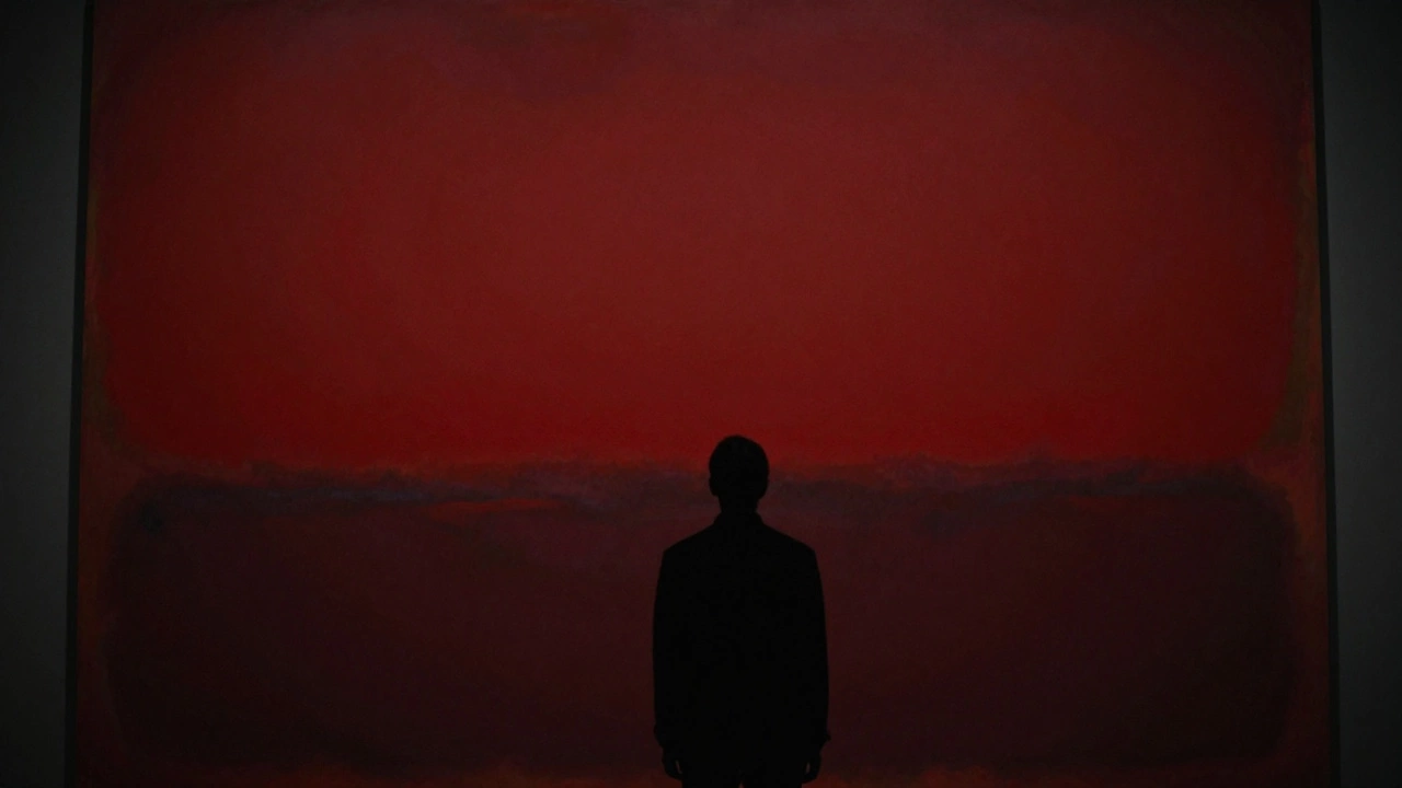 Viewer standing before large, glowing red and maroon abstract color field painting in dim room.