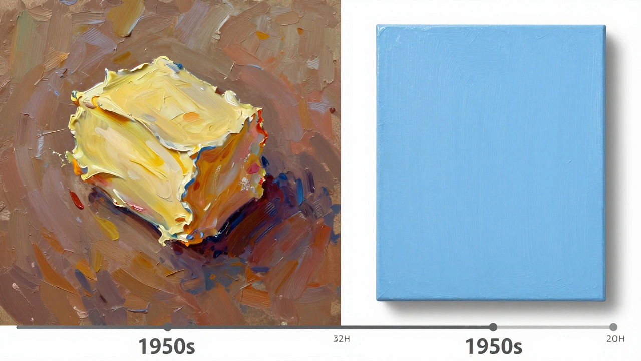 Visual contrast between textured oil paint and smooth acrylic surfaces.