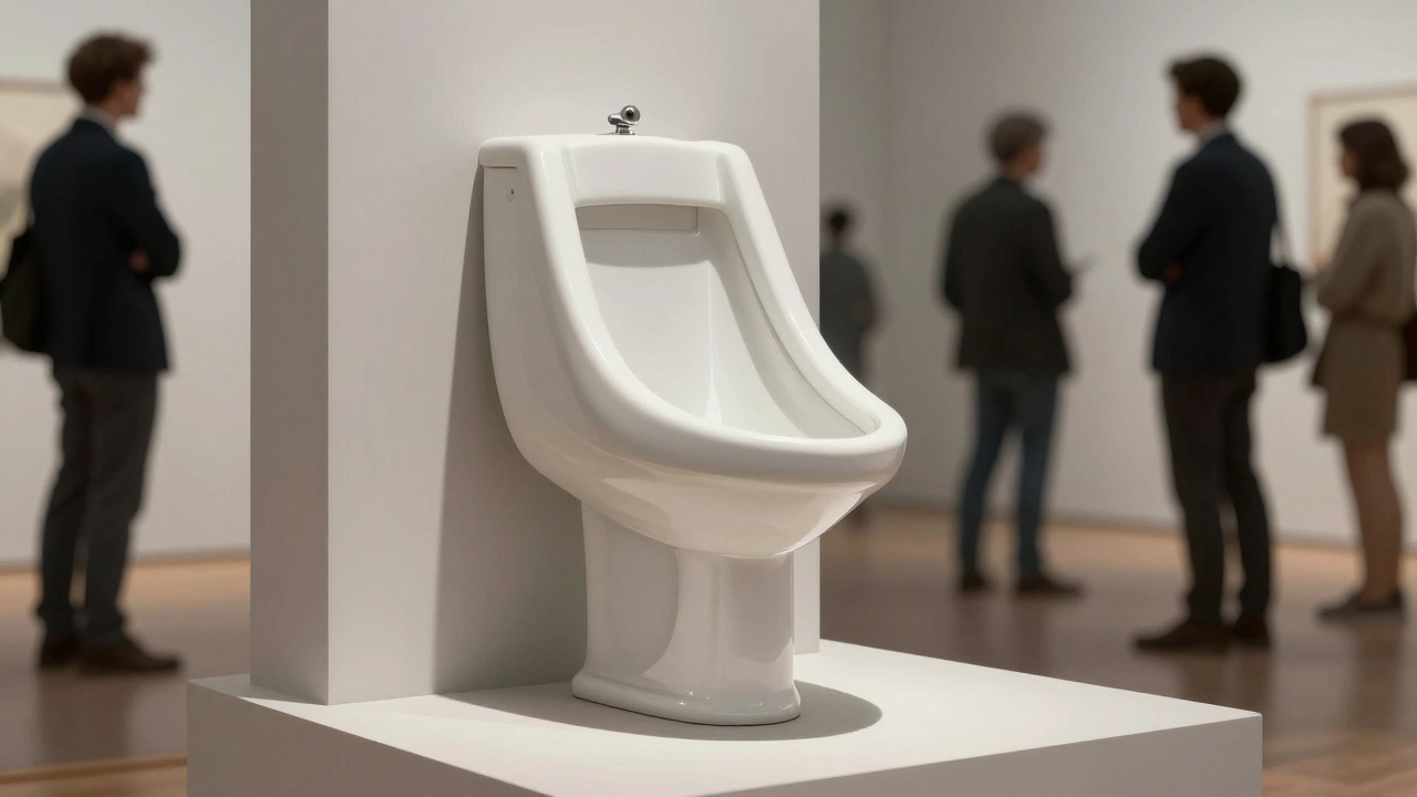 White porcelain urinal displayed on a plinth in a gallery, surrounded by observing visitors.