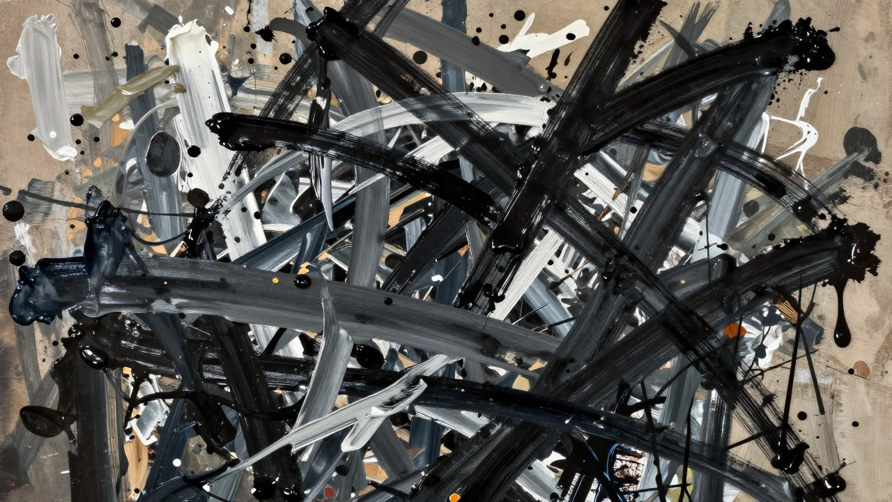 Action painting with chaotic paint splatters and bold gestural brushstrokes