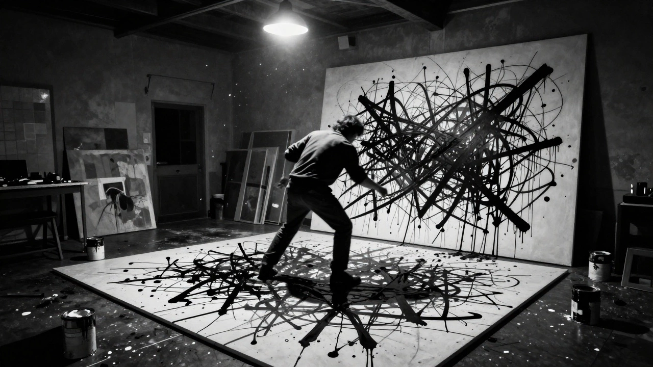 Artist dripping paint onto a floor canvas in a dimly lit studio