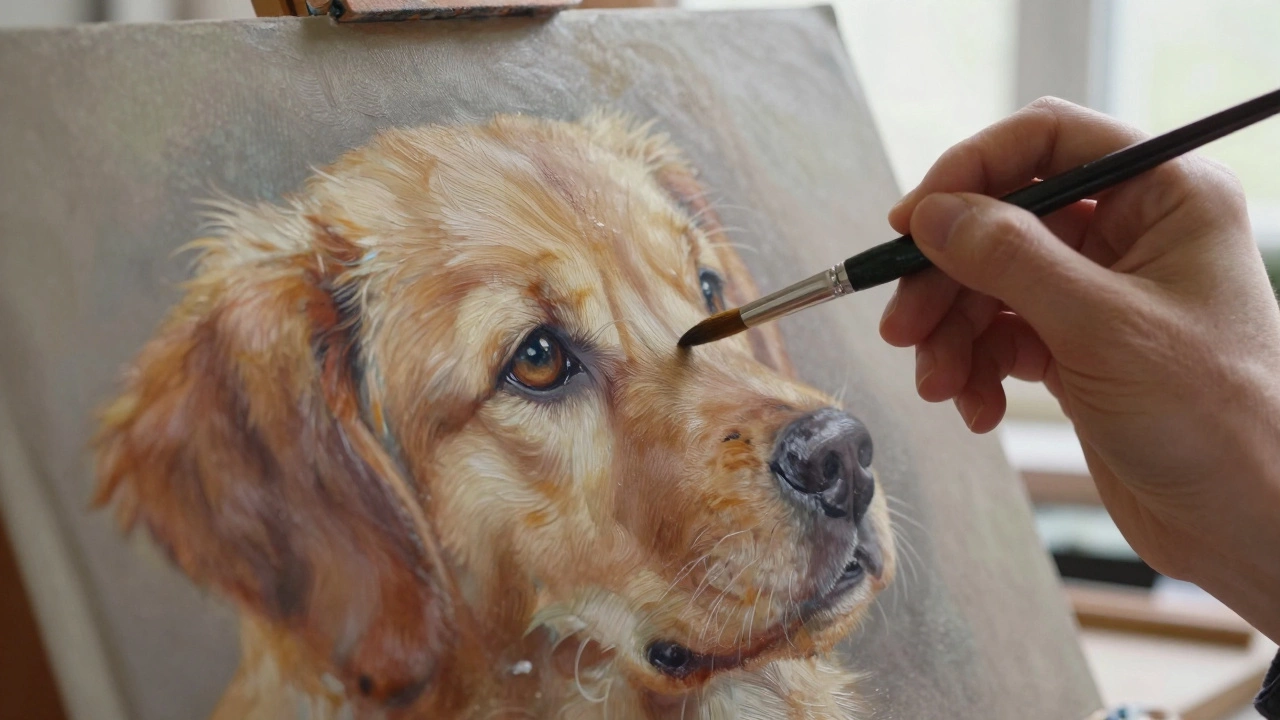 Artist painting detailed oil portrait of a dog