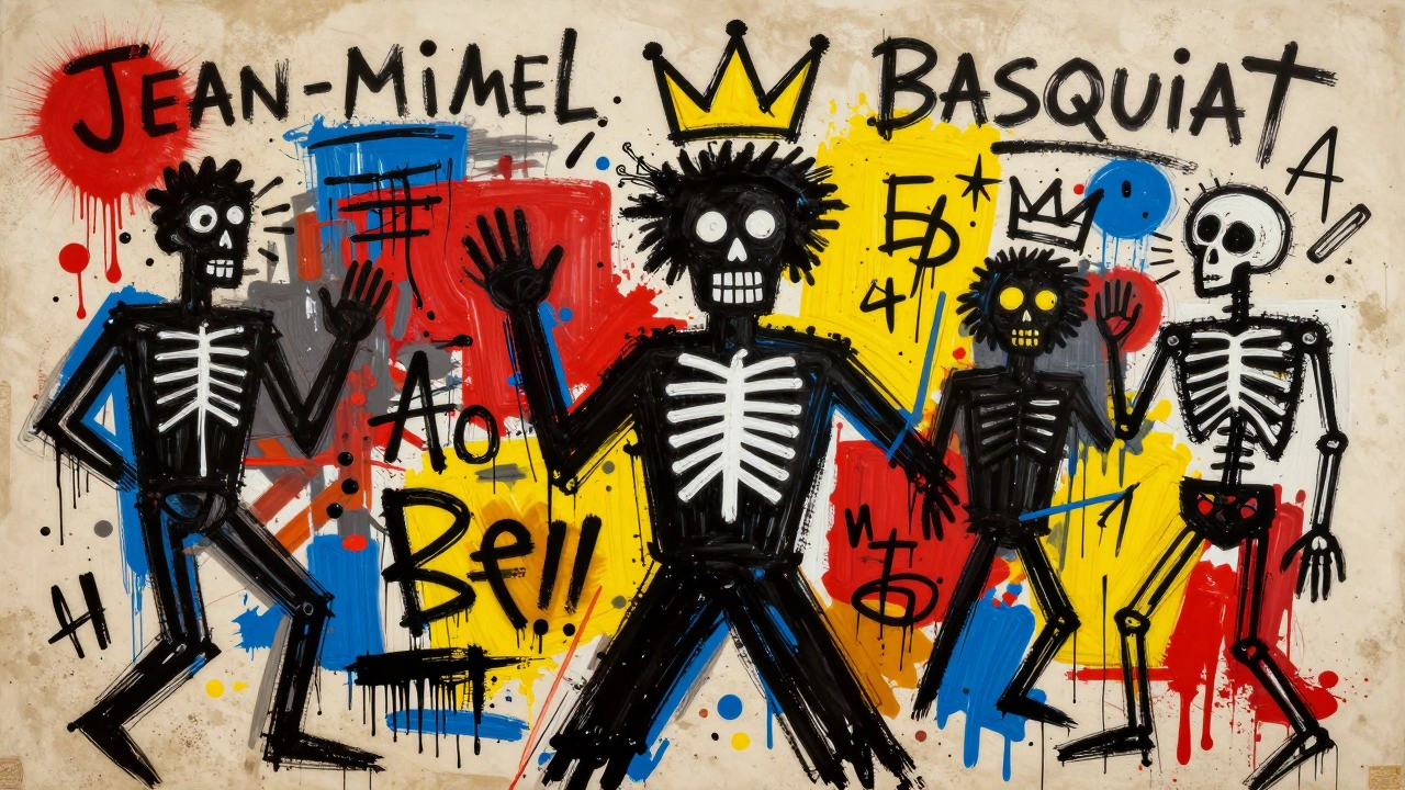 Basquiat-inspired neo-expressionist painting with crowns and text