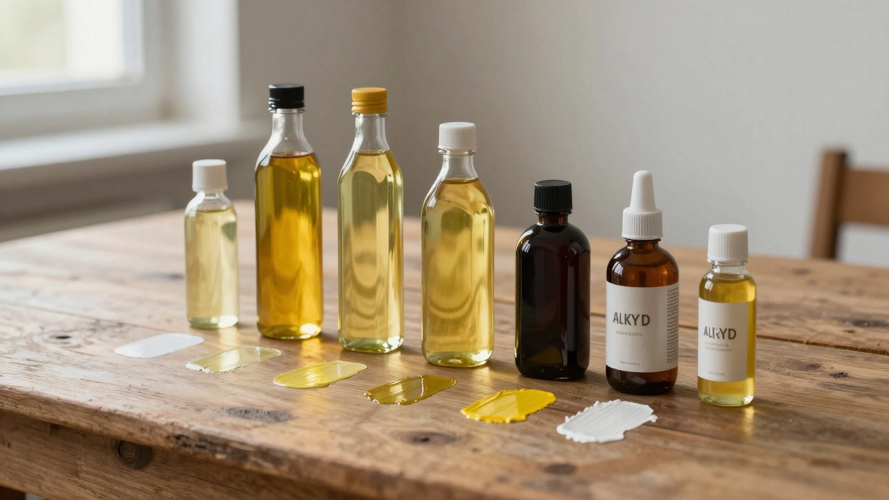 Bottles of oil mediums with paint swatches showing drying and yellowing effects.
