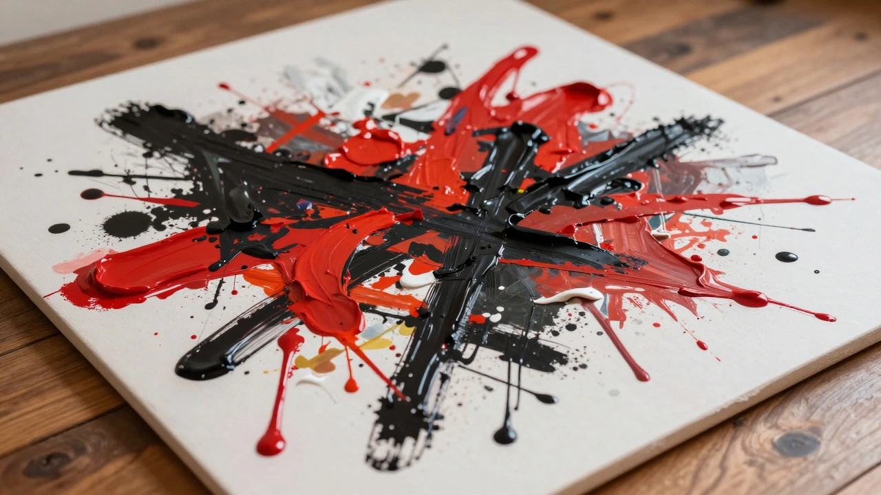 Close-up of abstract expressionist canvas with dripping paint textures