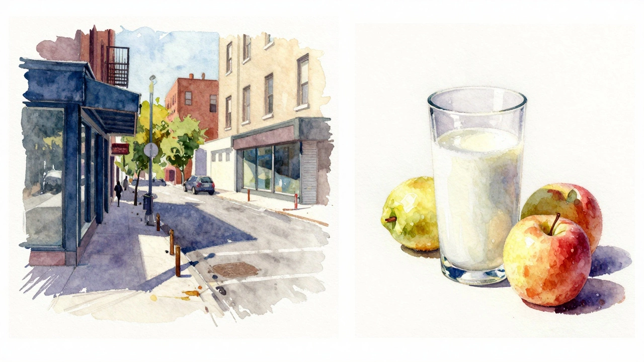 Contrast between loose urban sketch and hyper-realistic fruit watercolor