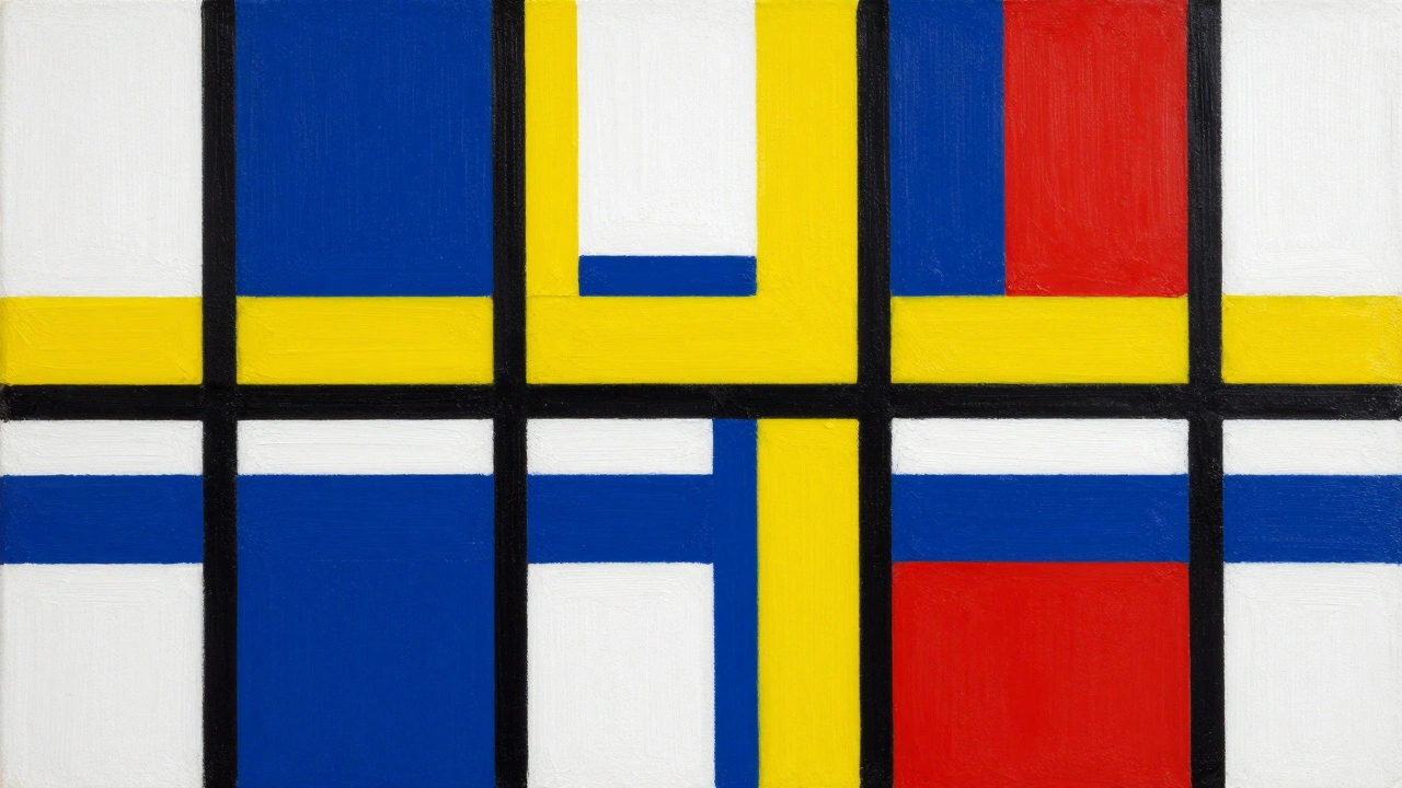 Geometric abstraction painting with black grid lines and primary color blocks