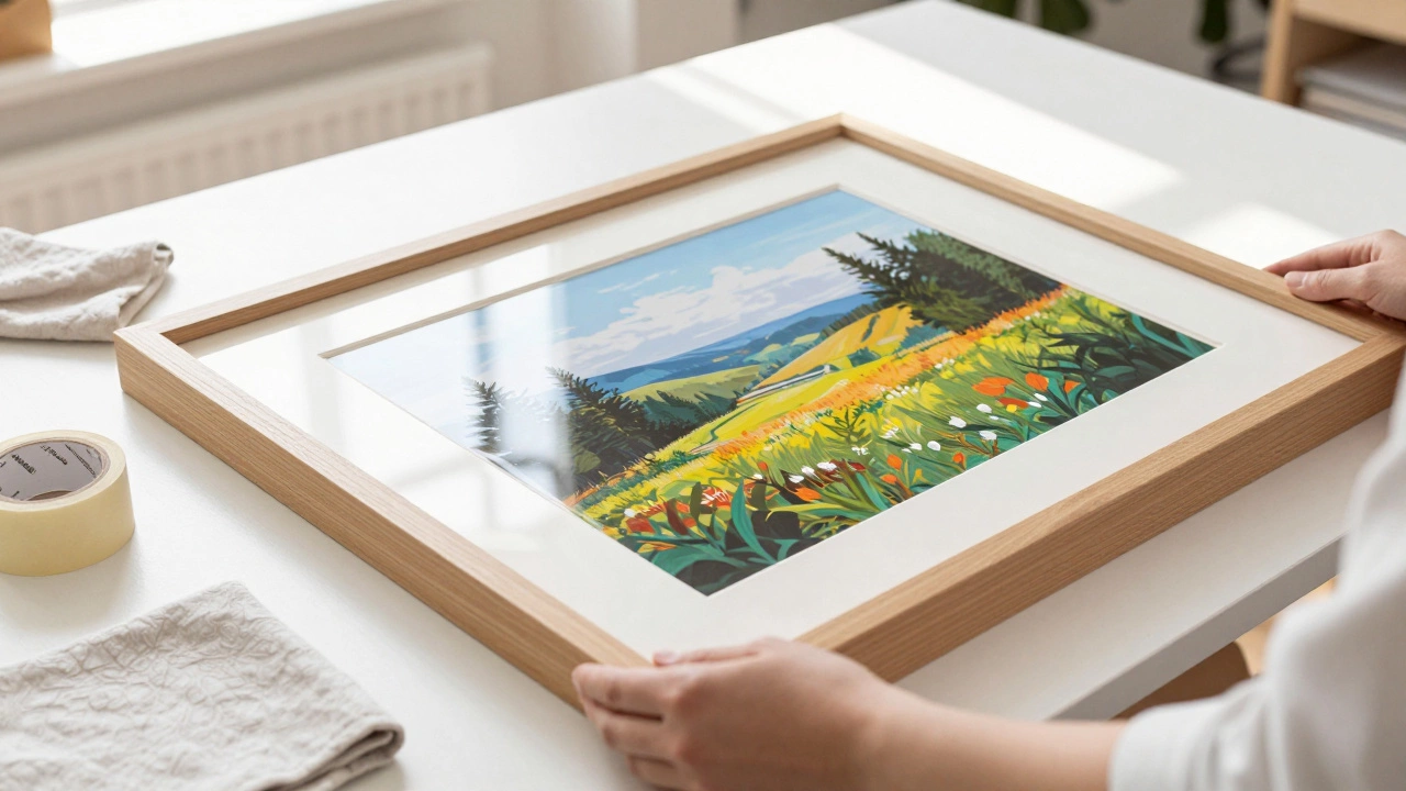 Hands carefully framing an art print with archival materials