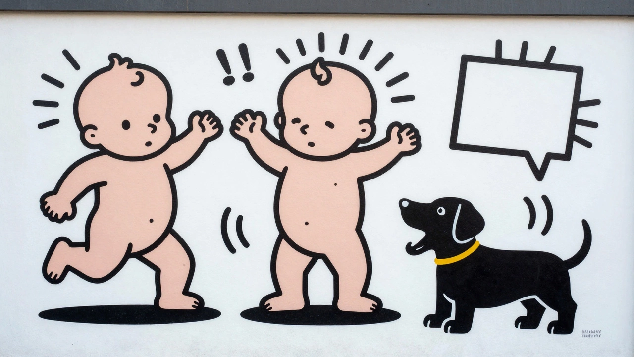 Keith Haring style mural of dancing radiating babies