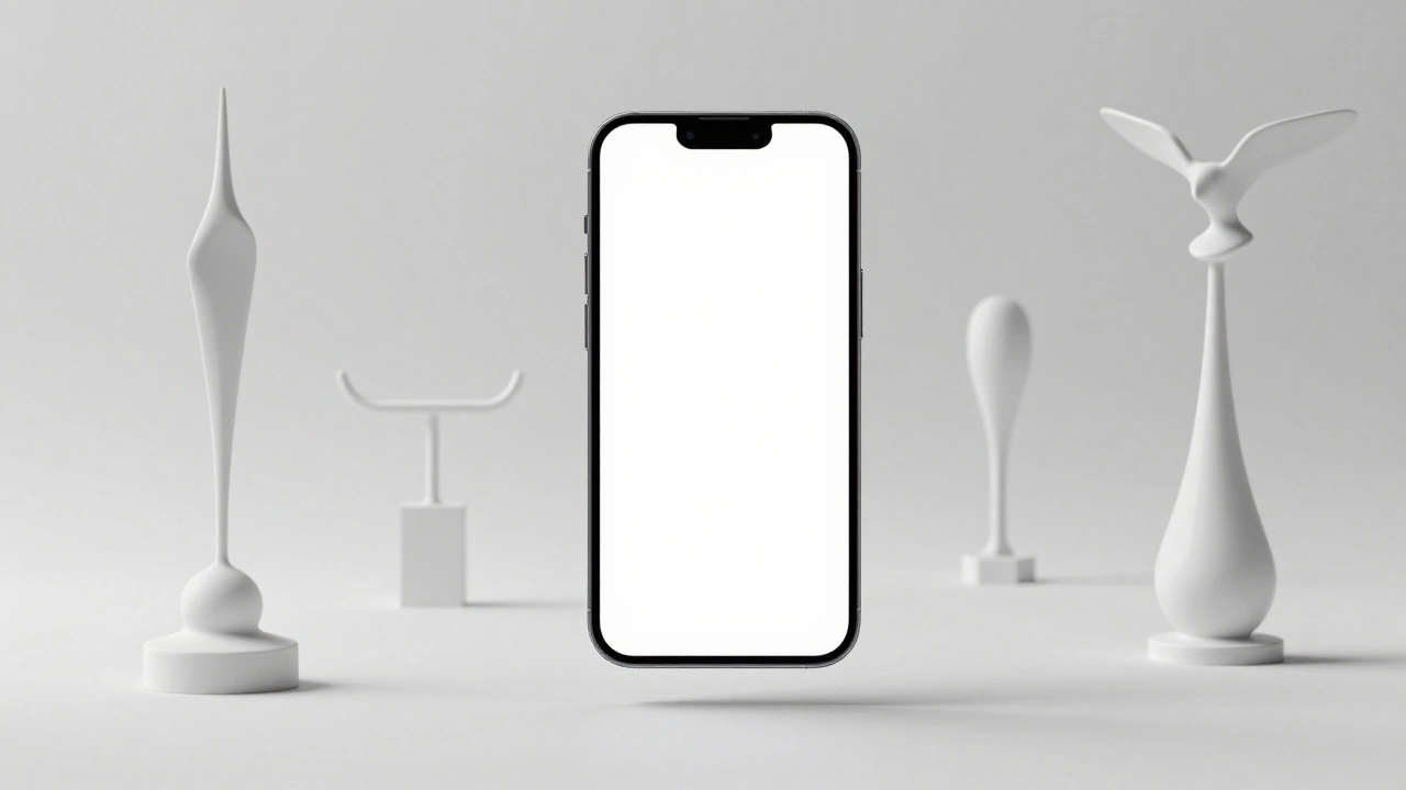 Minimalist smartphone floating near ghostly modernist sculpture outlines