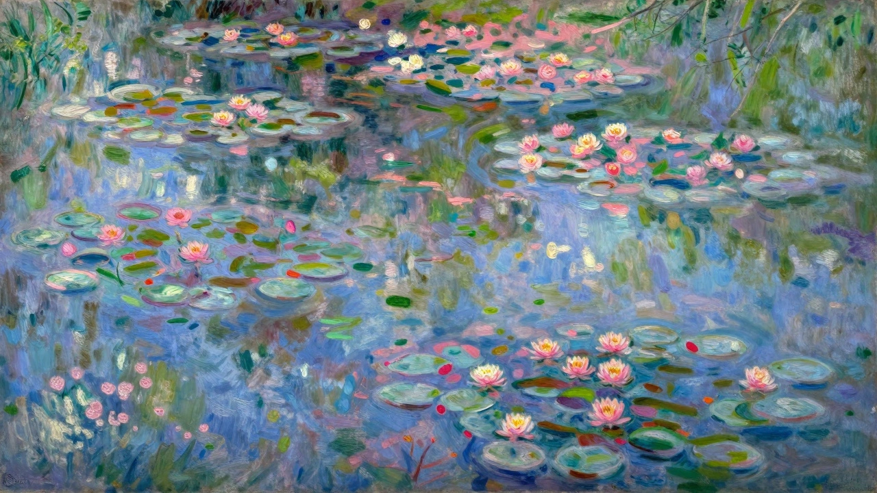 Monet-style impressionist water lilies reflecting sky colors