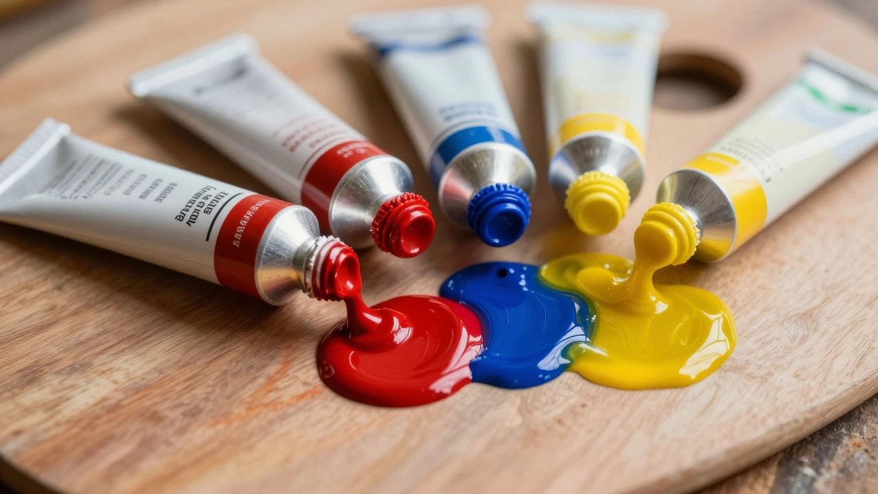 Paint palette with mixed vibrant shadow colors and transparent skin tone glazes