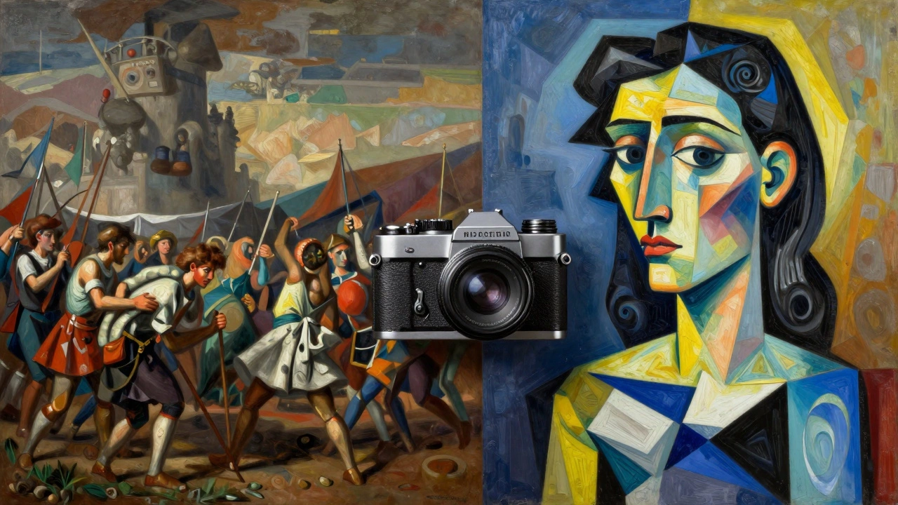 Split image comparing realistic academic art with fragmented cubist style
