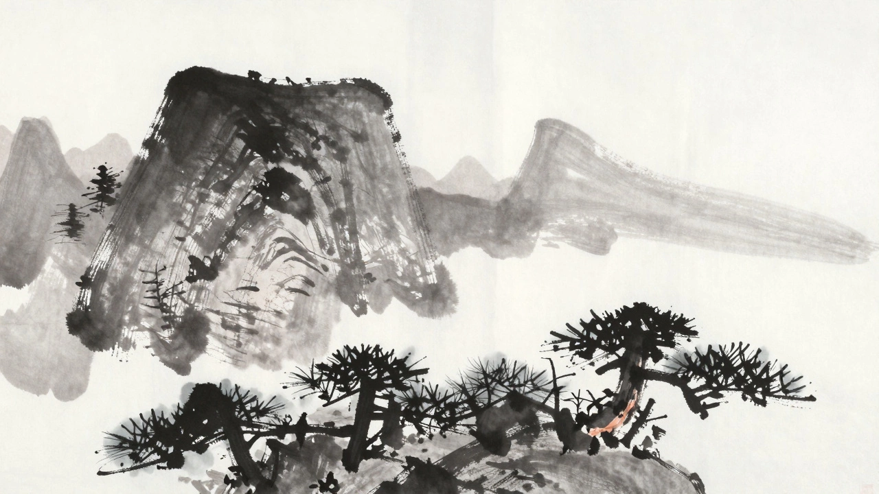 Traditional Chinese ink wash painting on rice paper with bold black strokes
