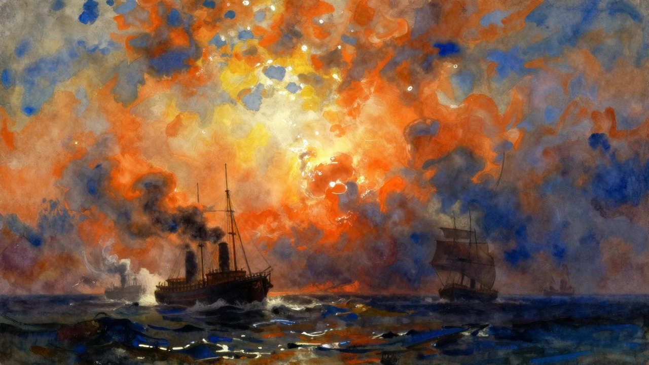 Turner-style watercolor of a stormy sea with bleeding vibrant colors