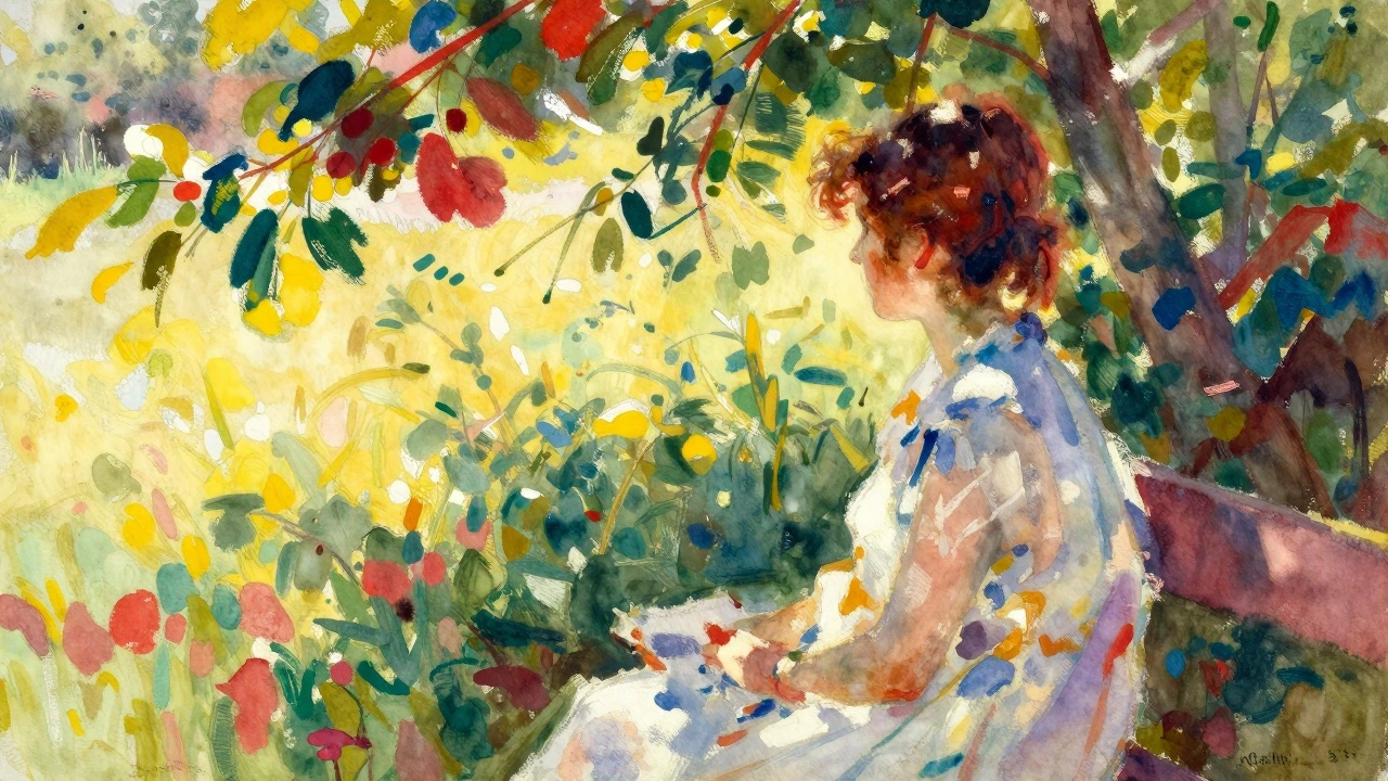Vibrant American Impressionist watercolor with loose, energetic brushwork