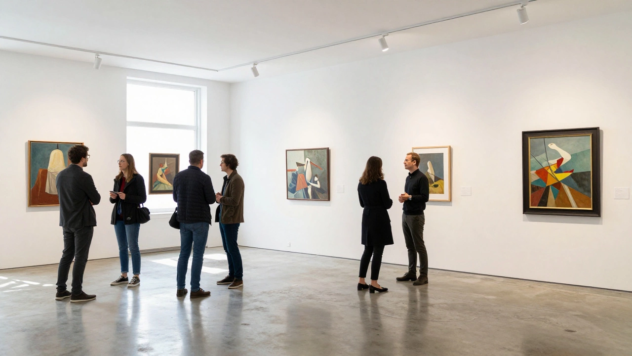 Visitors viewing art at a modern local gallery exhibition
