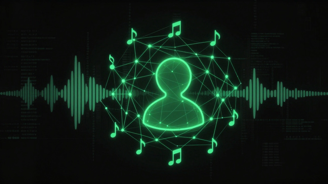 Abstract green neural network connecting musical notes symbolizing AI algorithms