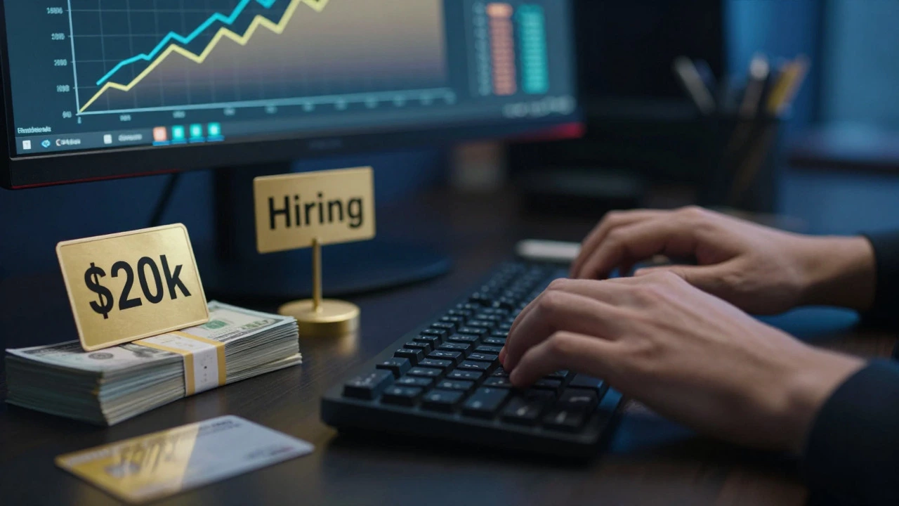 Artist hands at desk with cash, hiring sign, and bank card symbolizing business growth