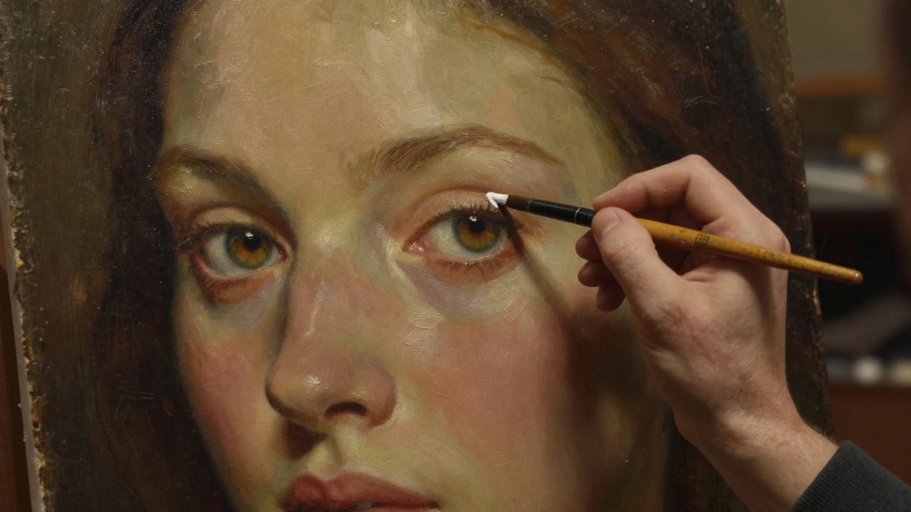 Artist painting a detailed eye on a canvas in a dimly lit studio